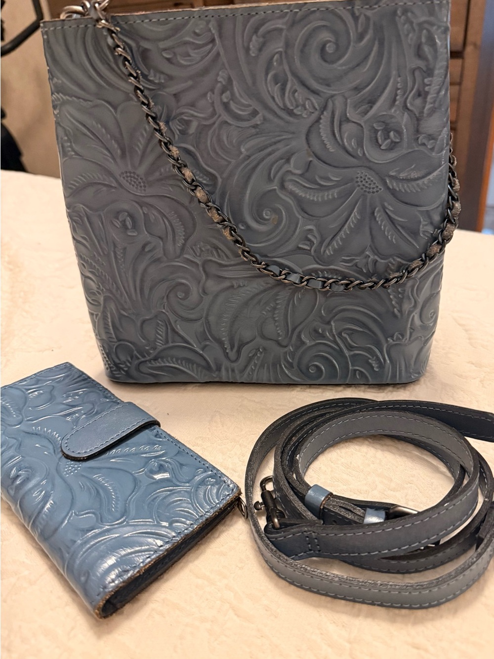 Patricia Nash Slate Blue Embossed Floral Leather Crossbody Set